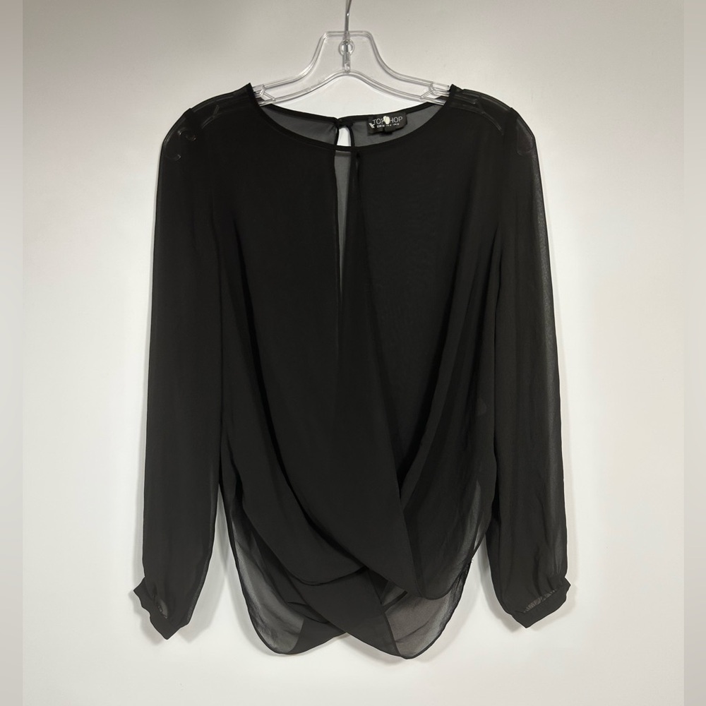 TOPSHOP Sheer Blouse Size 4 Black Deep V Neck CUT OUT Plunge Keyhole Long sleeve